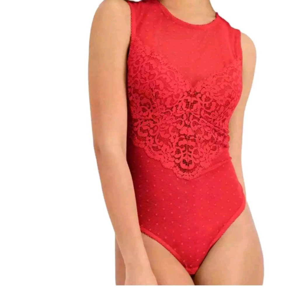 I.N.C. International  Swiss Dot Lingerie Thong Bodysuit, Red, Size XL $18